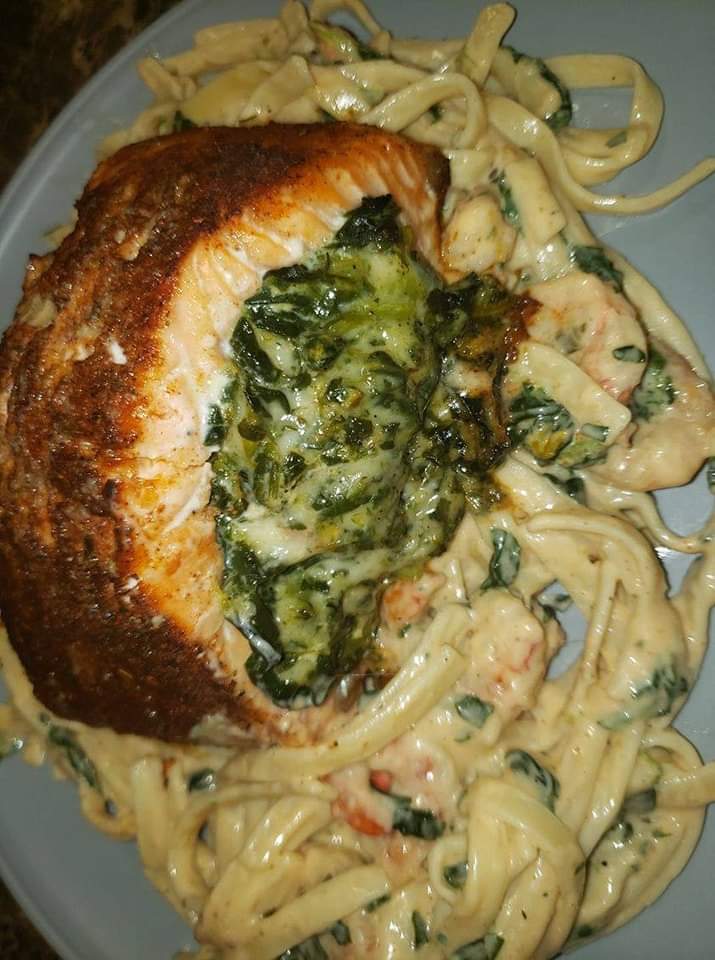 Blackened Salmon stuffed with spinach and parmesan cheese